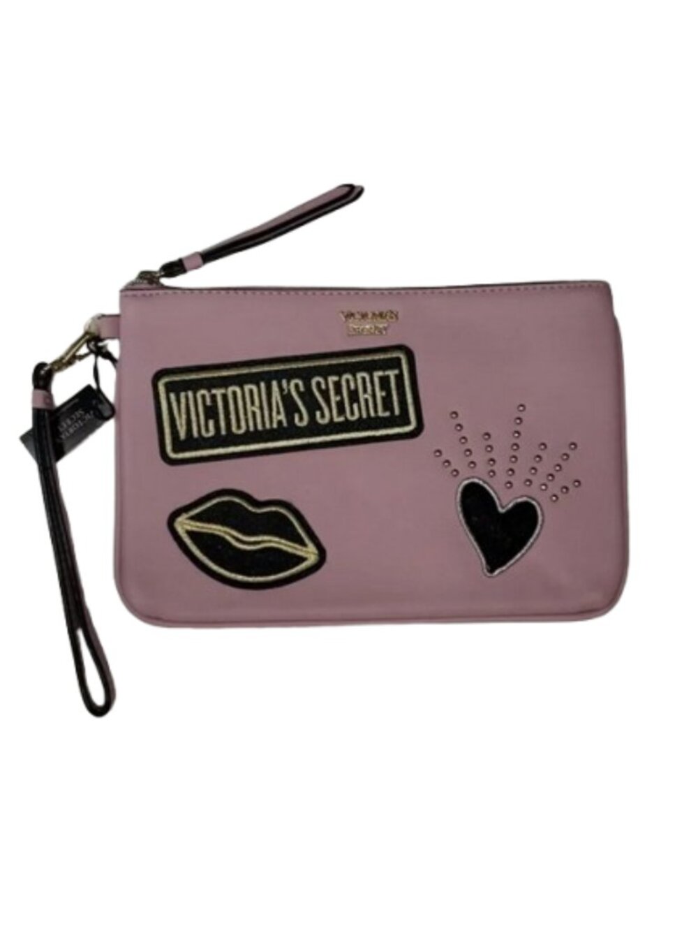 NWT Victoria's Secret Pink Patch Wristlet Clutch Bag Graphic Heart Lips - Picture 2 of 5